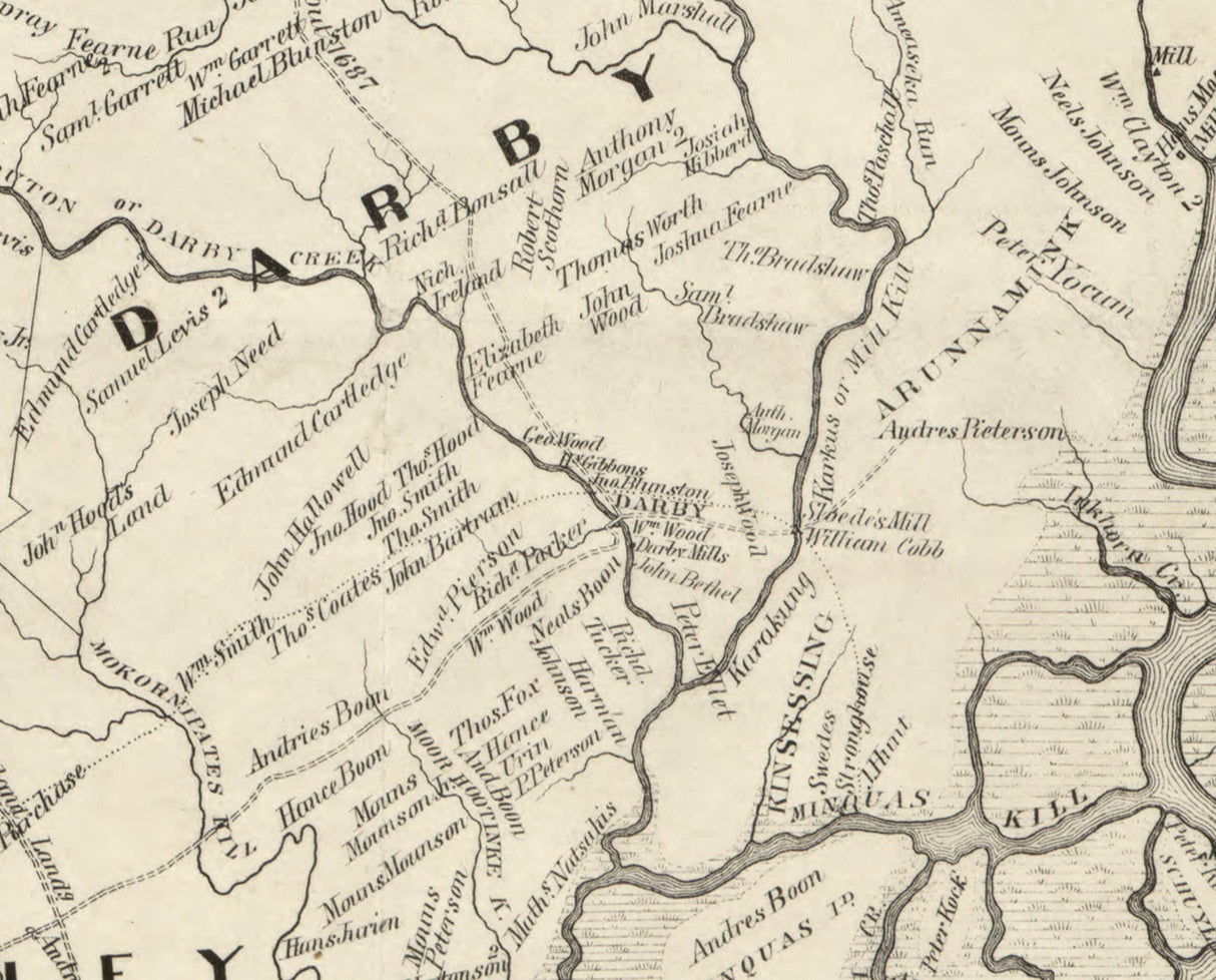 1862 Map of early settlements of Delaware County Pa