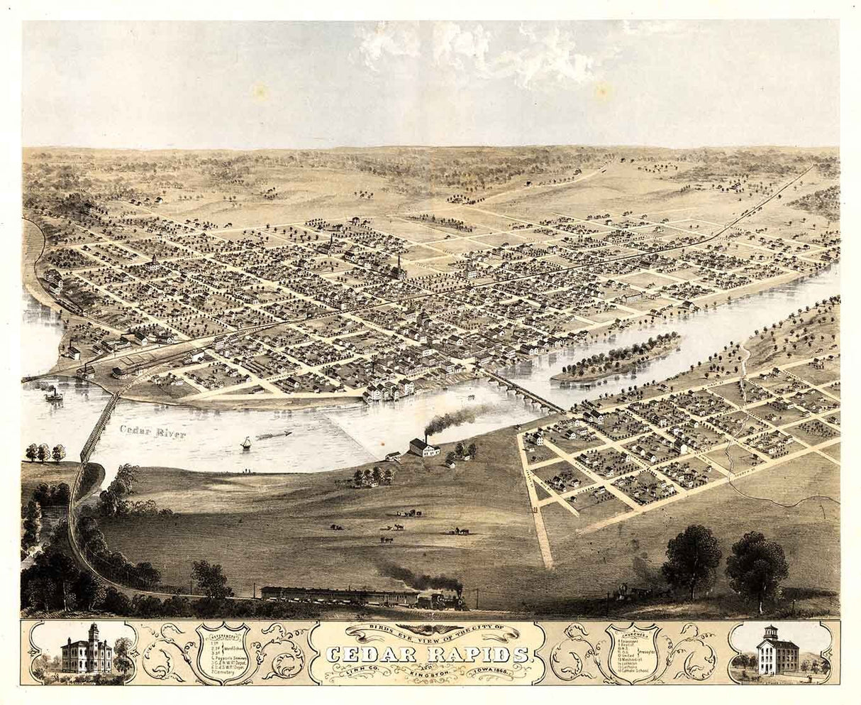 1868 Panoramic Map of Cedar Rapids and Kingston Linn County Iowa