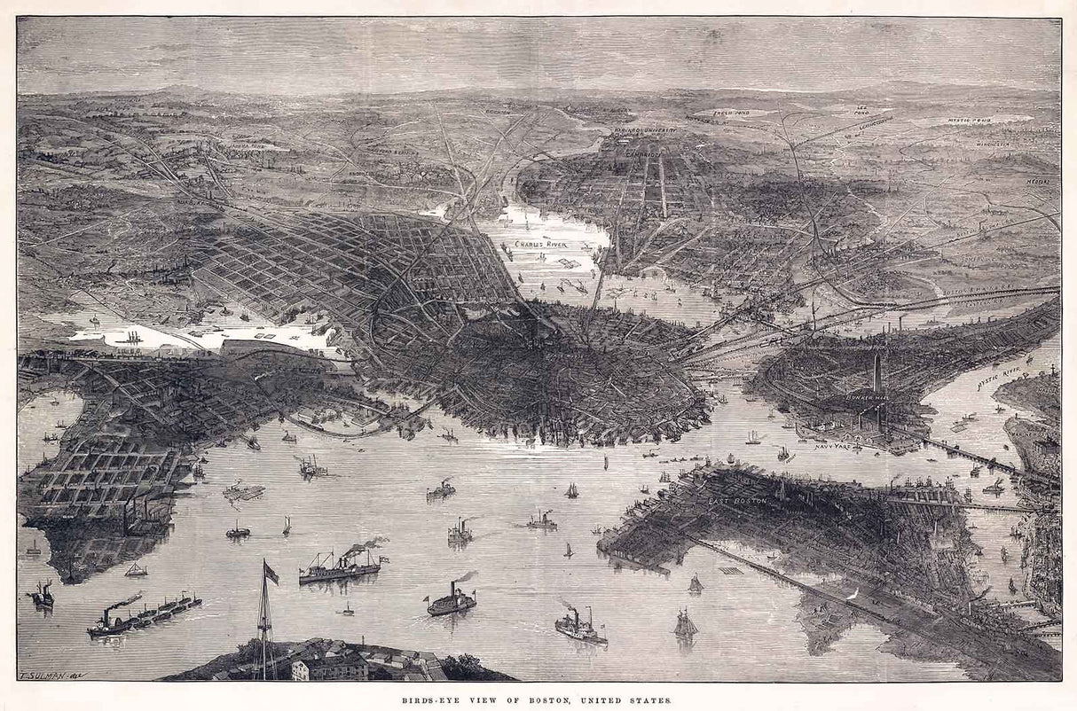 1870 Panoramic Map of Boston Massachusetts
