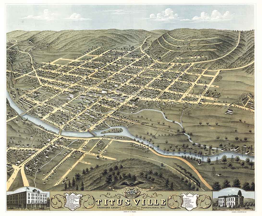 1871 Panoramic Map of Titusville Crawford County Pennsylvania