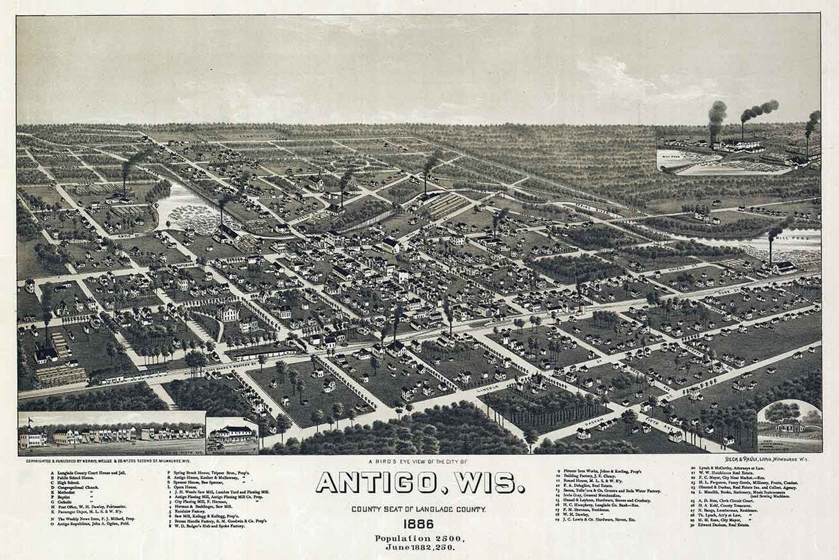 1886 Panoramic Map of Antigo Wisconsin Langlade County