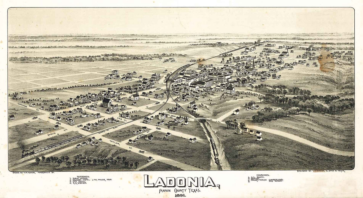 1891 Panoramic Map of Ladonia Fannin County Texas