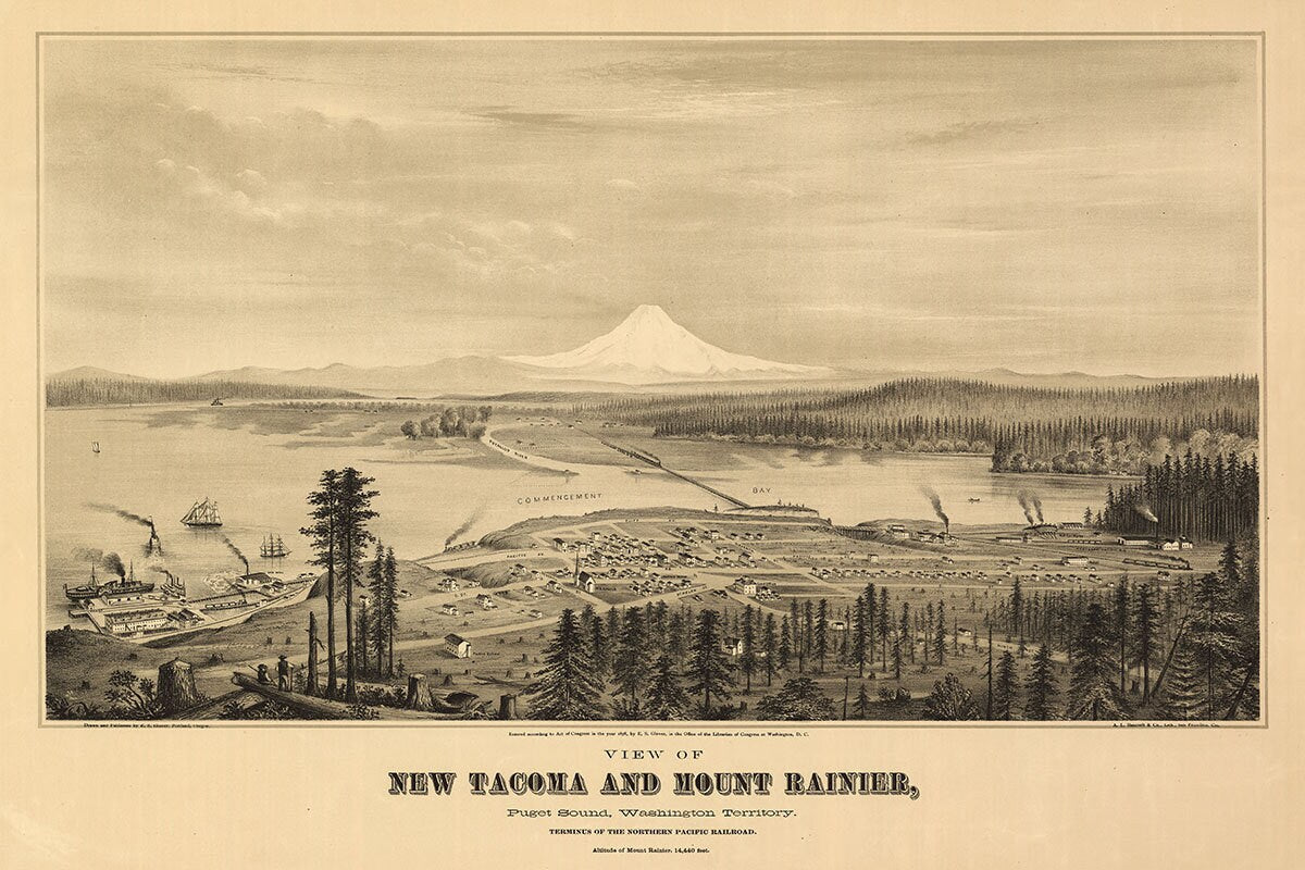 1878 Panoramic Map of New Tacoma and Mount Rainier Washington