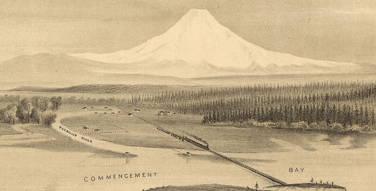 1878 Panoramic Map of New Tacoma and Mount Rainier Washington