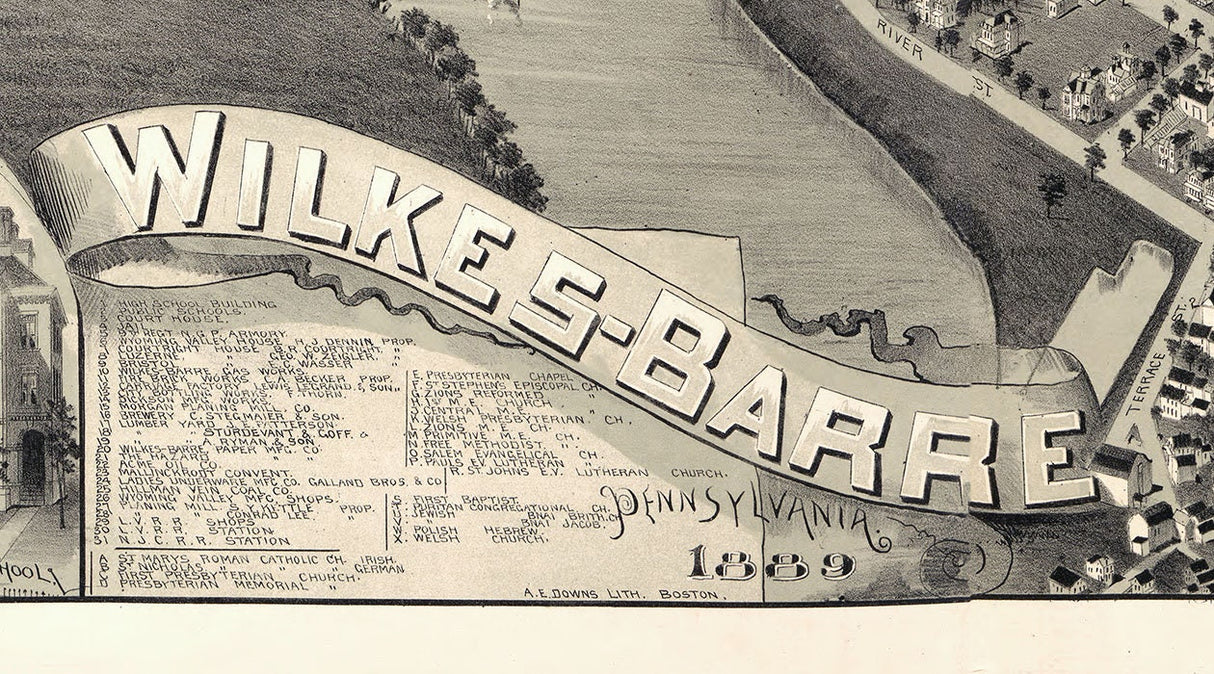 1889 Panoramic Map of Wilkes-Barre Pennsylvania