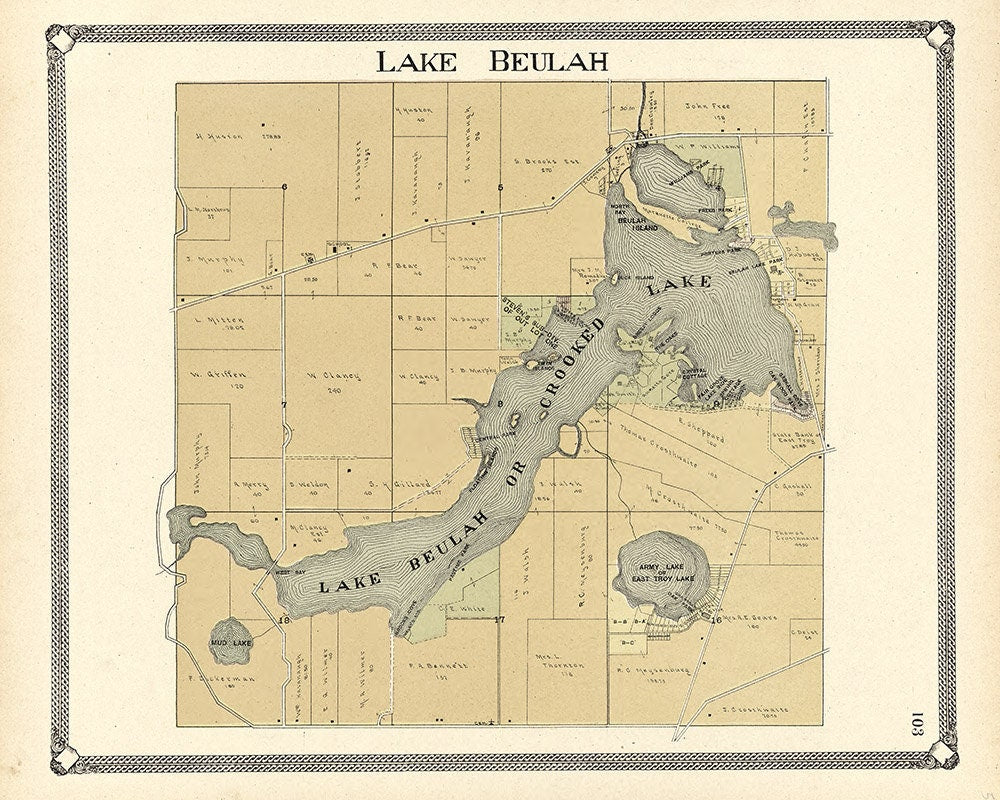 1907 Map of Lake Beulah Crooked Lake Walworth County Wisconsin