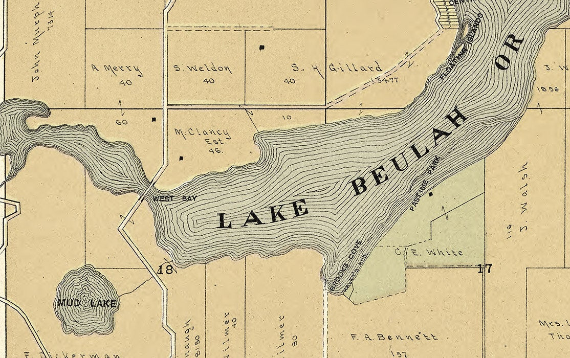 1907 Map of Lake Beulah Crooked Lake Walworth County Wisconsin