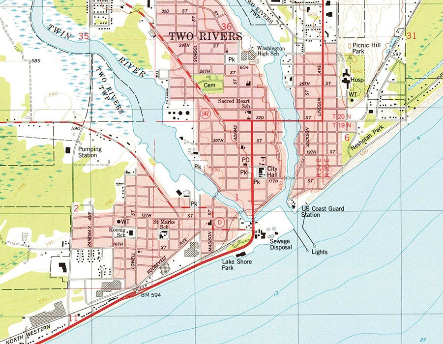 1978 Topo Map of Two Rivers Wisconsin Quad