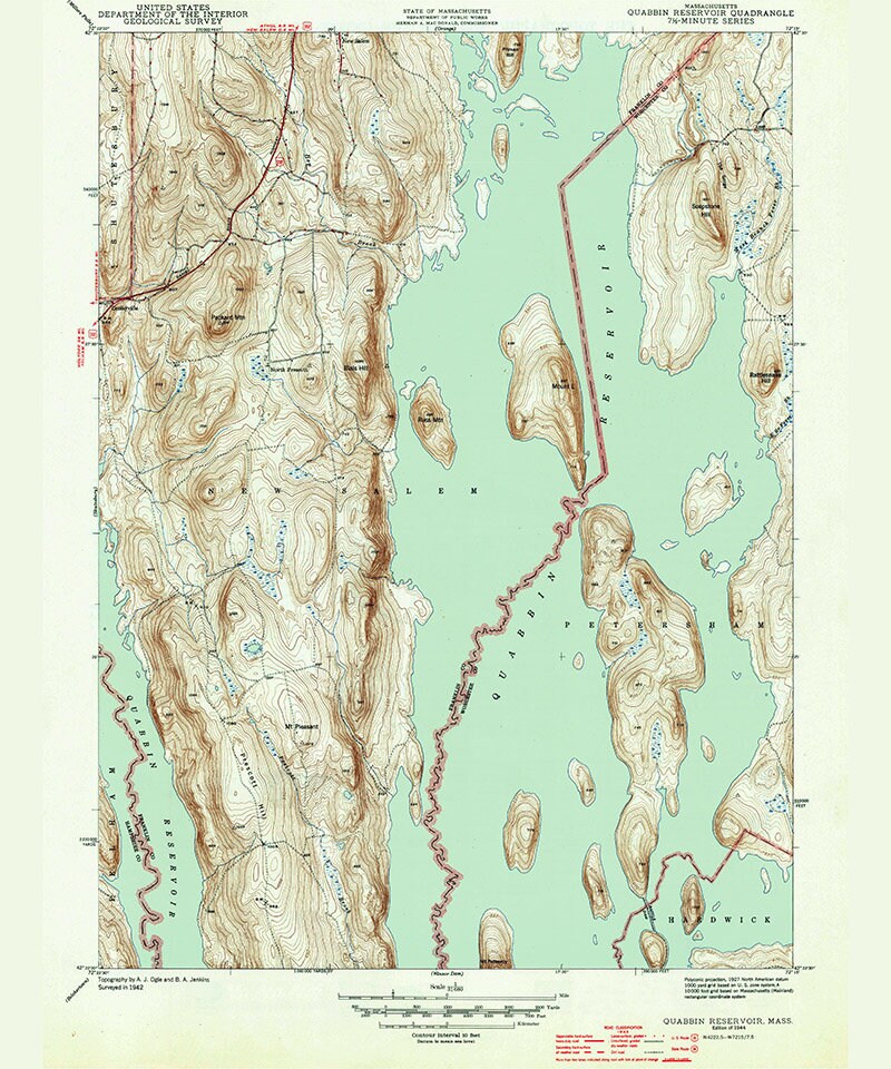 1944 Topo Map of Quabbin Reservoir MA Quadrangle