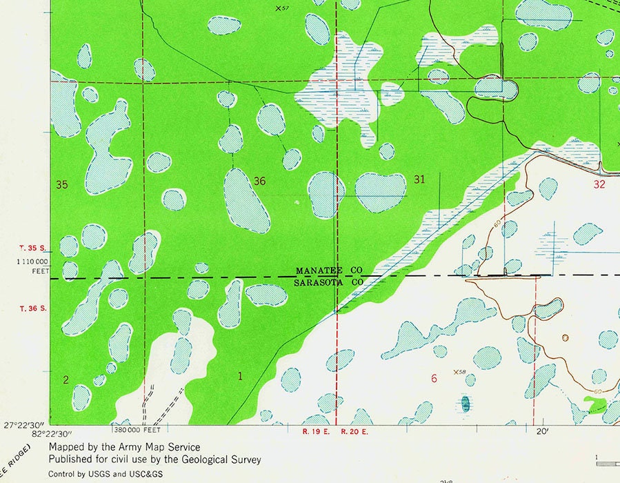 1944 Topo Map of Verna Florida Quad Manatee County