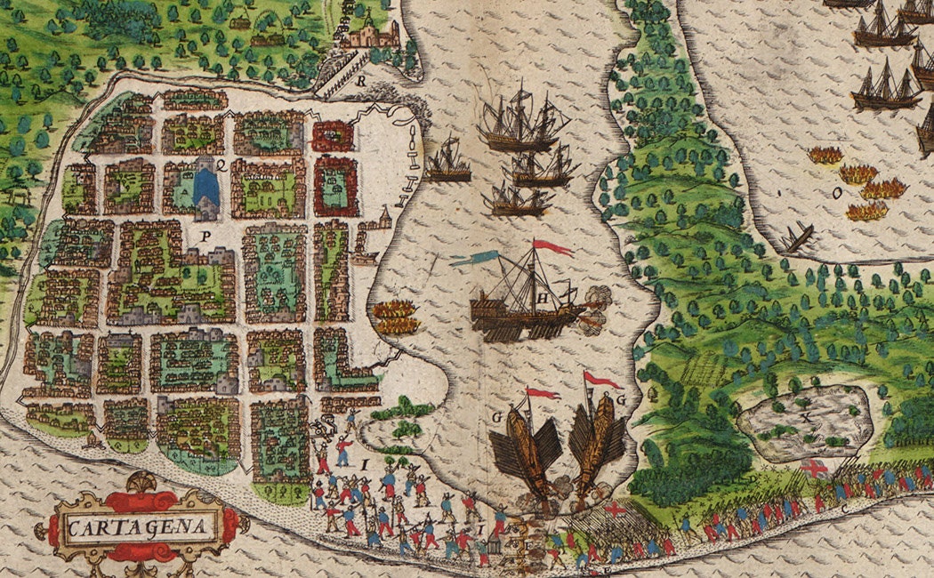 1586 Map of Drakes Invasion of Cartagena Colombia