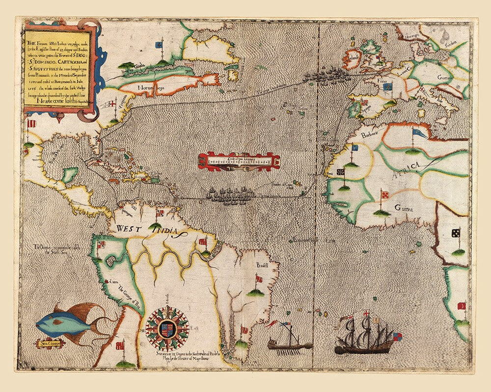 1586 Map of Drakes Voyage to the West Indies