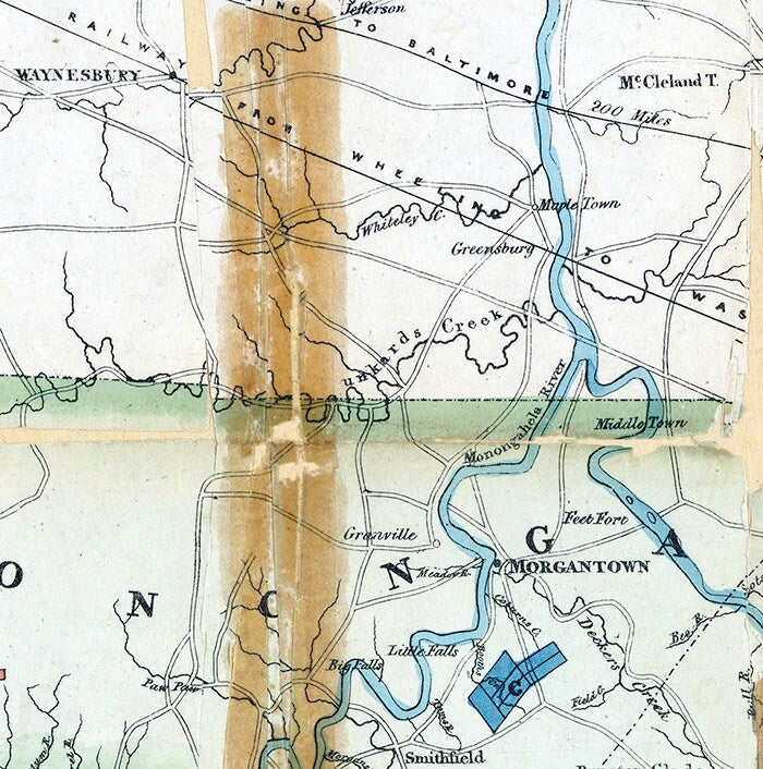 1837 Map of Monongahela Tyler Harrison Wood Lewis & Randolph County West Virginia