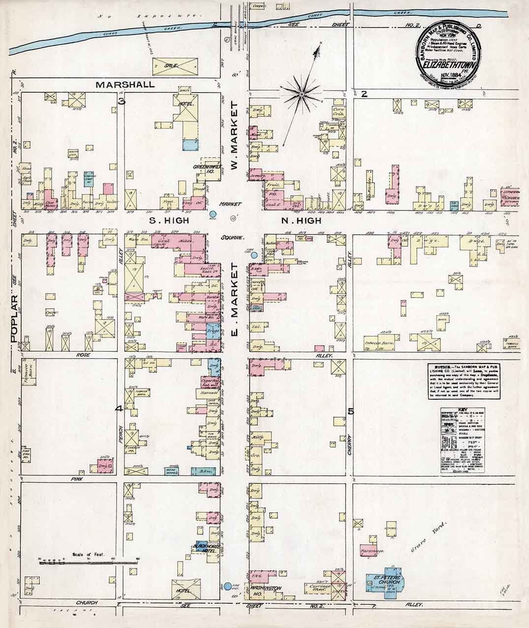 1884 Town Map of Elizabethtown Lancaster County Pennsylvania