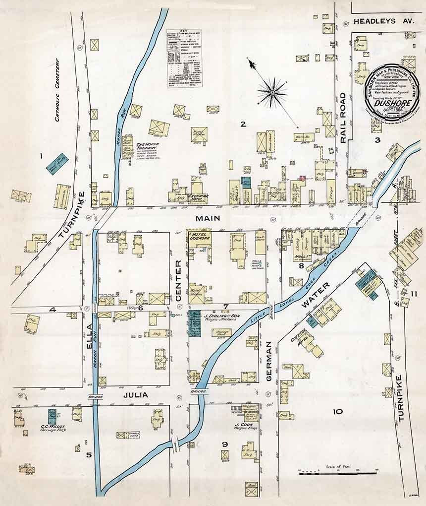 1885 Town Map of Dushore Sullivan County Pennsylvania