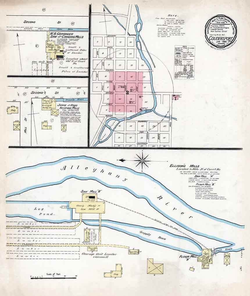 1886 Town Map of Coudersport Potter County Pennsylvania