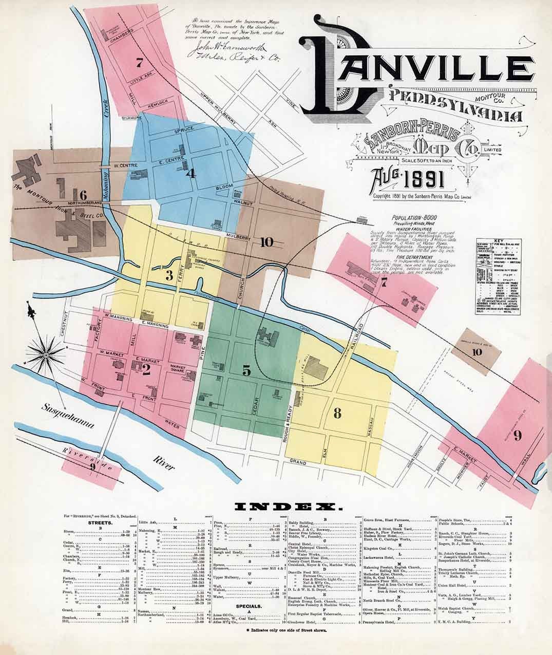 1891 Town Map of Danville Montour County Pennsylvania