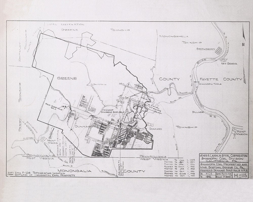 1959 Map of Shannopin Coal Mine Boundary Greene County Pa