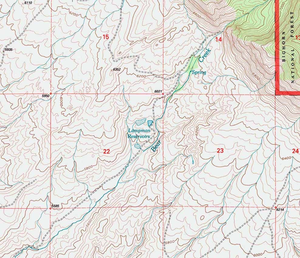 1993 Topo Map of Bear Creek Ranch Wyoming WY Bighorn Forest