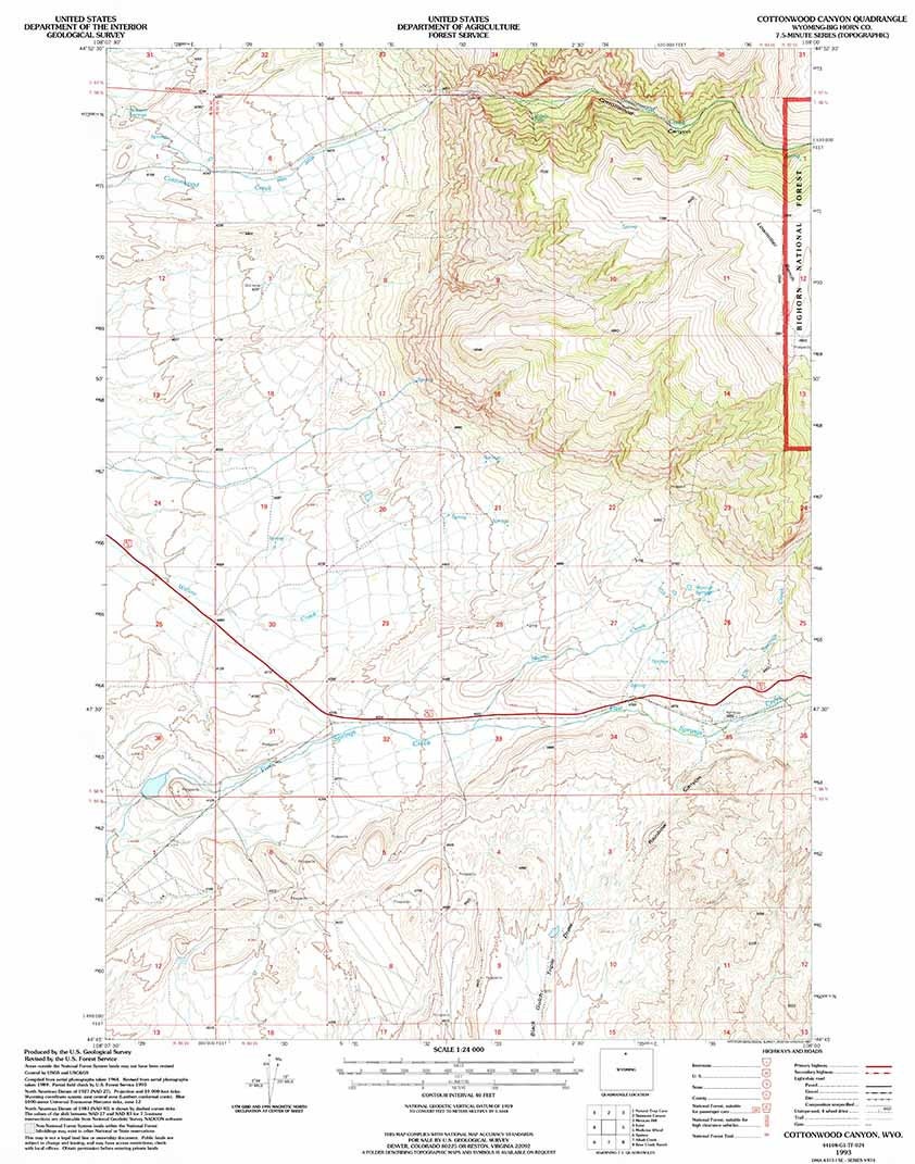 1993 Topo Map of Cottonwood Canyon Wyoming WY