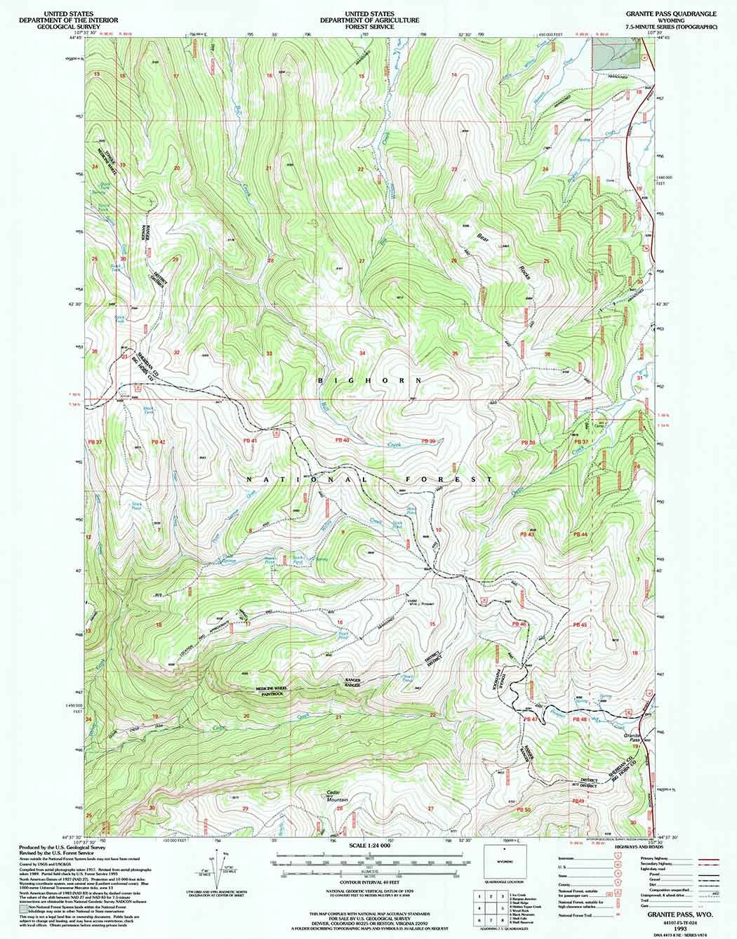 1993 Topo Map of Granite Pass Wyoming WY Bighorn Forest