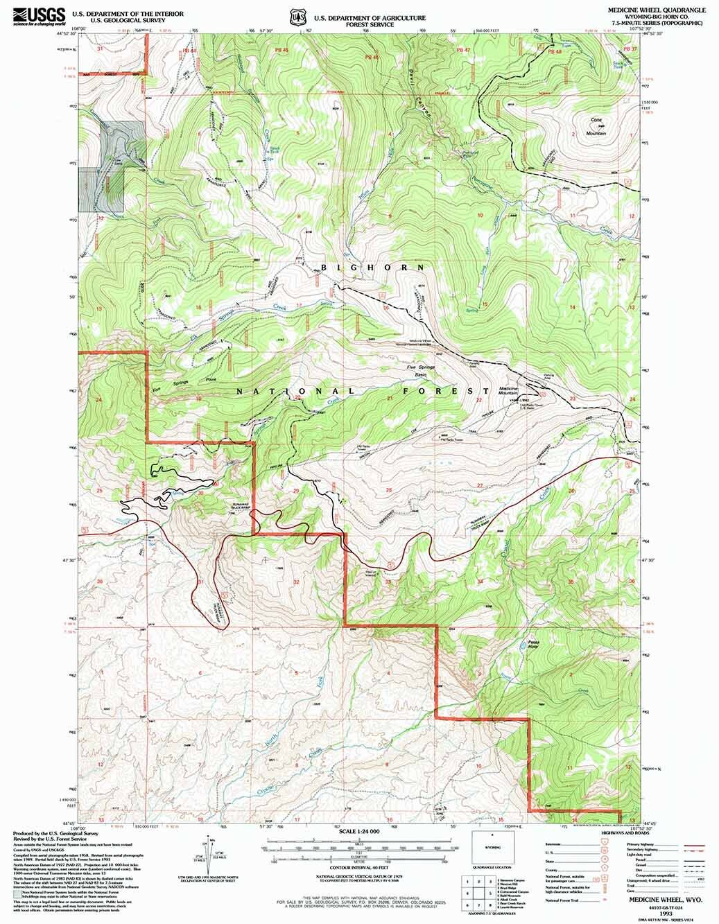 1993 Topo Map of Medicine Wheel Wyoming WY Bighorn Forest