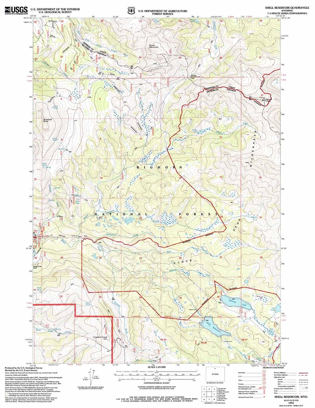 1993 Topo Map of Shell Reservoir Wyoming WY Bighorn Forest