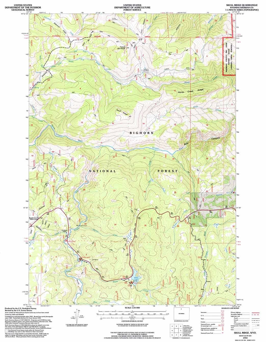 1993 Topo Map of Skull Ridge Wyoming WY Bighorn Forest