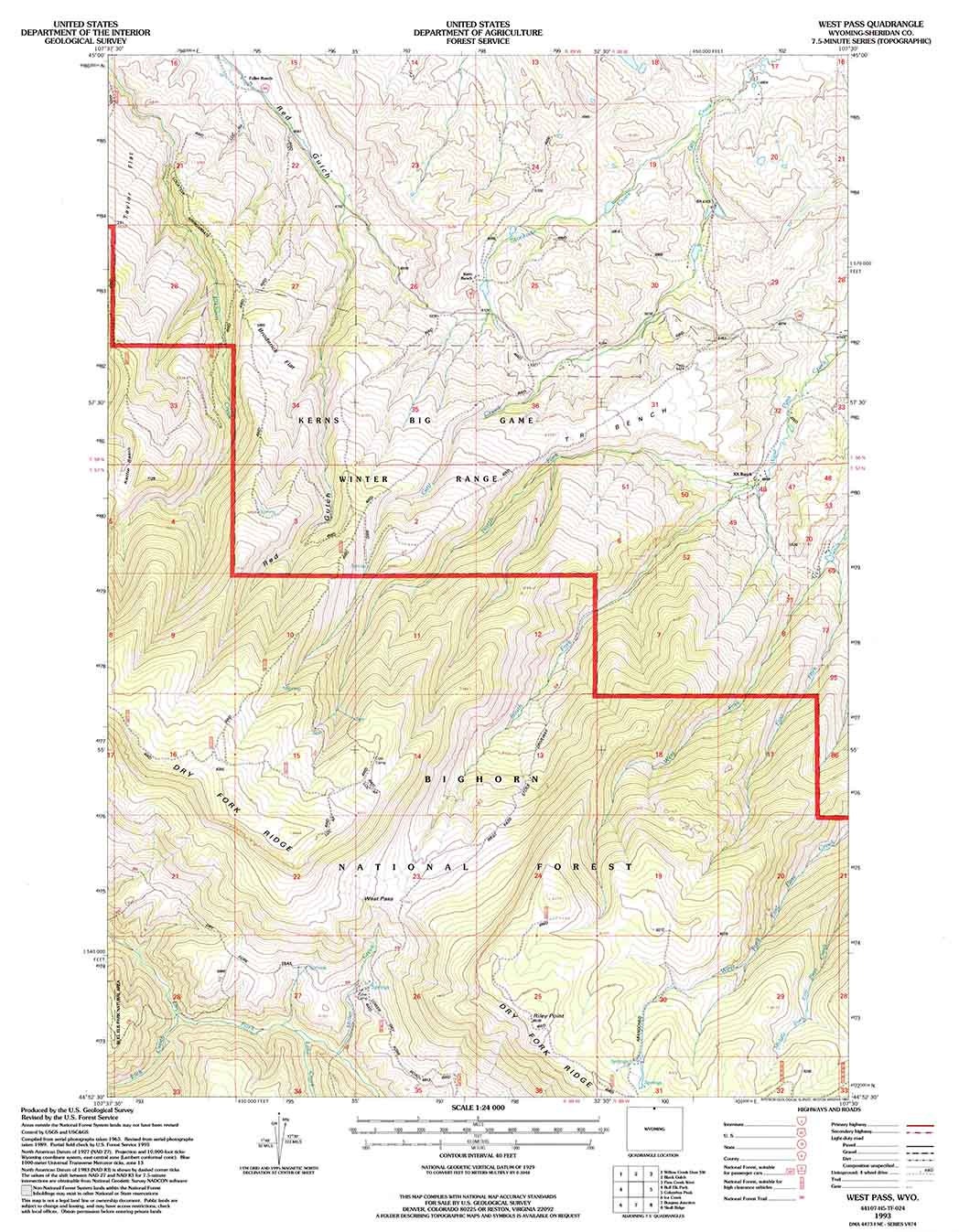 1993 Topo Map of West Pass Wyoming WY