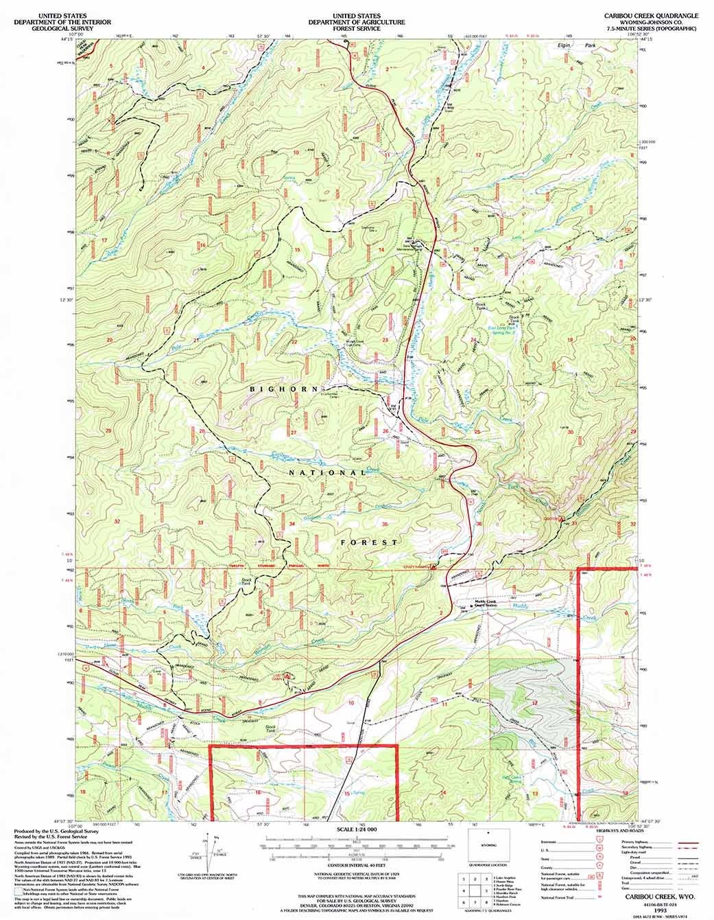 1993 Topo Map of Caribou Creek Wyoming WY Bighorn Forest