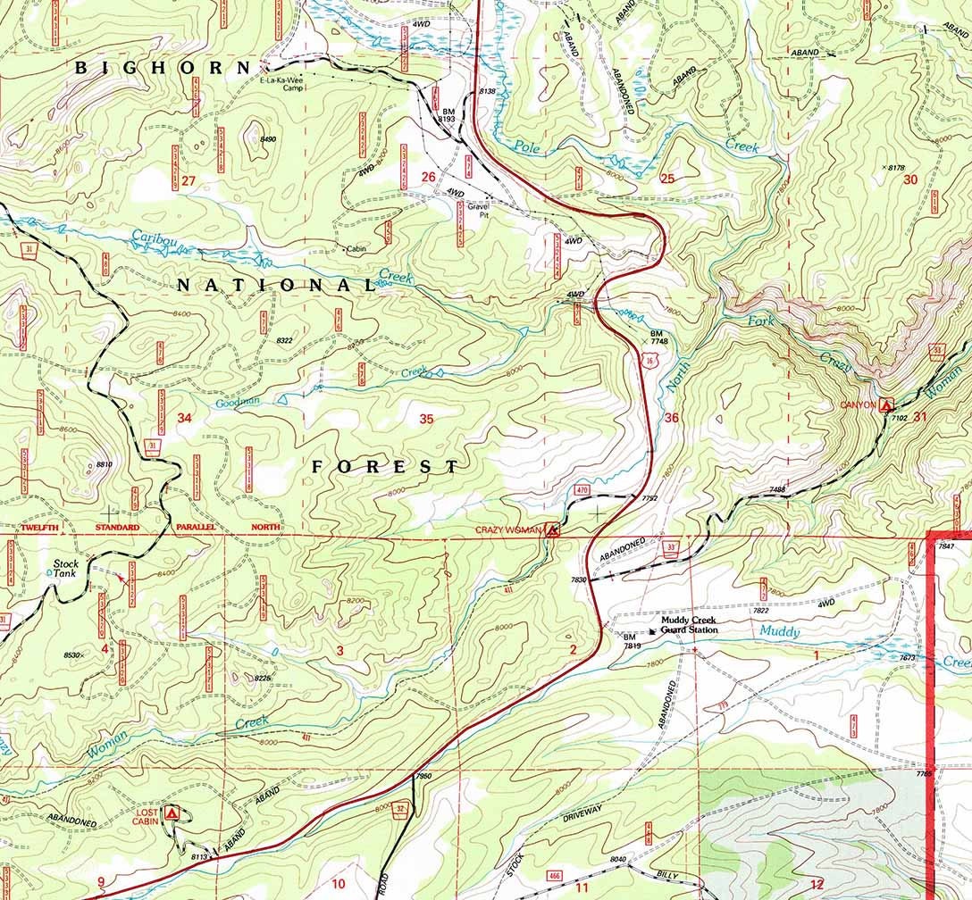 1993 Topo Map of Caribou Creek Wyoming WY Bighorn Forest