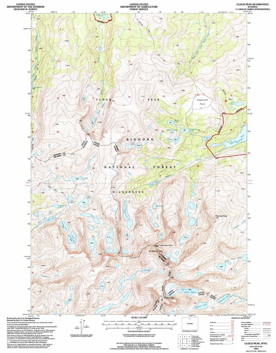 1993 Topo Map of Cloud Peak Wyoming WY Bighorn Forest