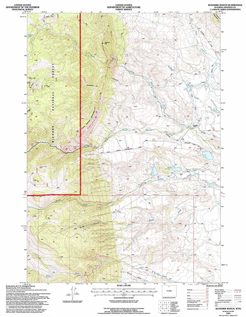 1993 Topo Map of Klondike Ranch Wyoming WY Bighorn Forest