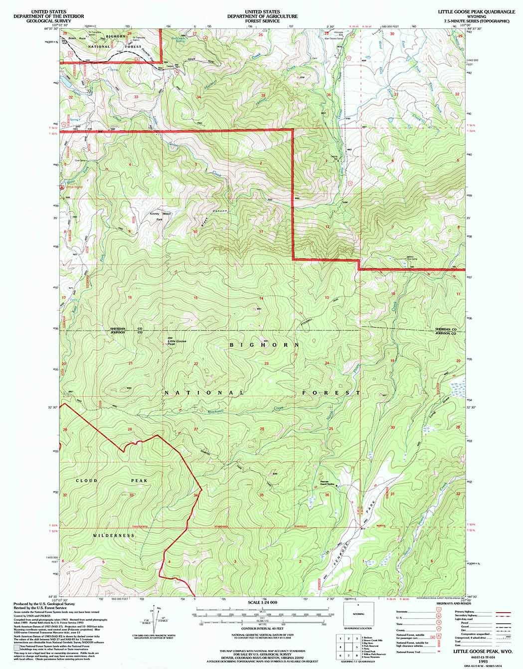 1993 Topo Map of Little Goose Peak Wyoming WY Bighorn Forest