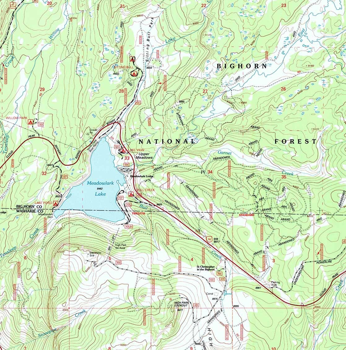 1993 Topo Map of Meadowlark Lake Wyoming WY Bighorn Forest