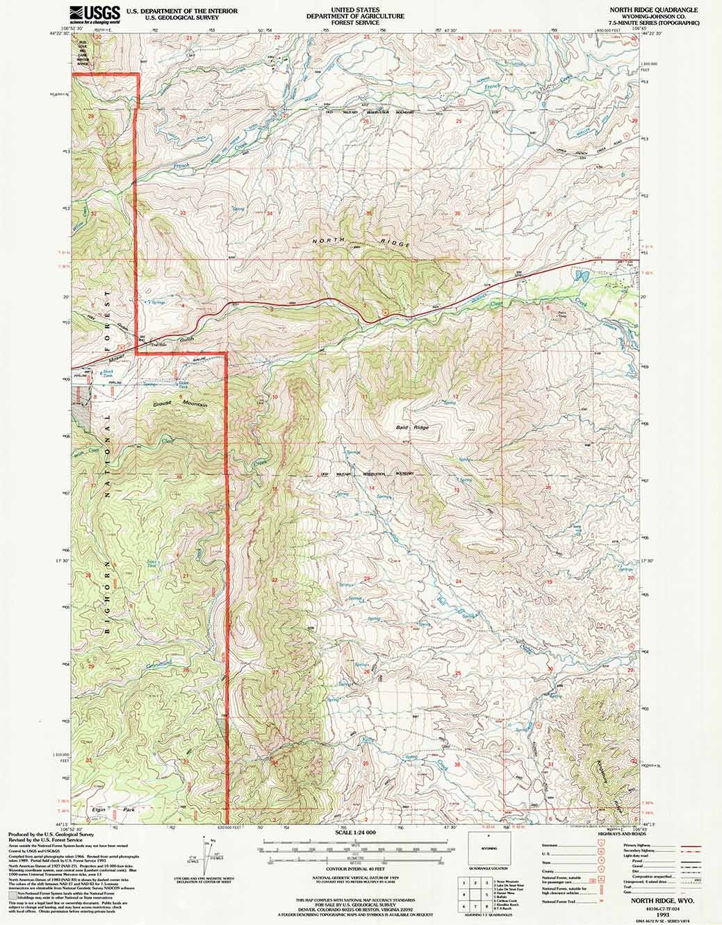 1993 Topo Map of North Ridge Wyoming WY Bighorn Forest