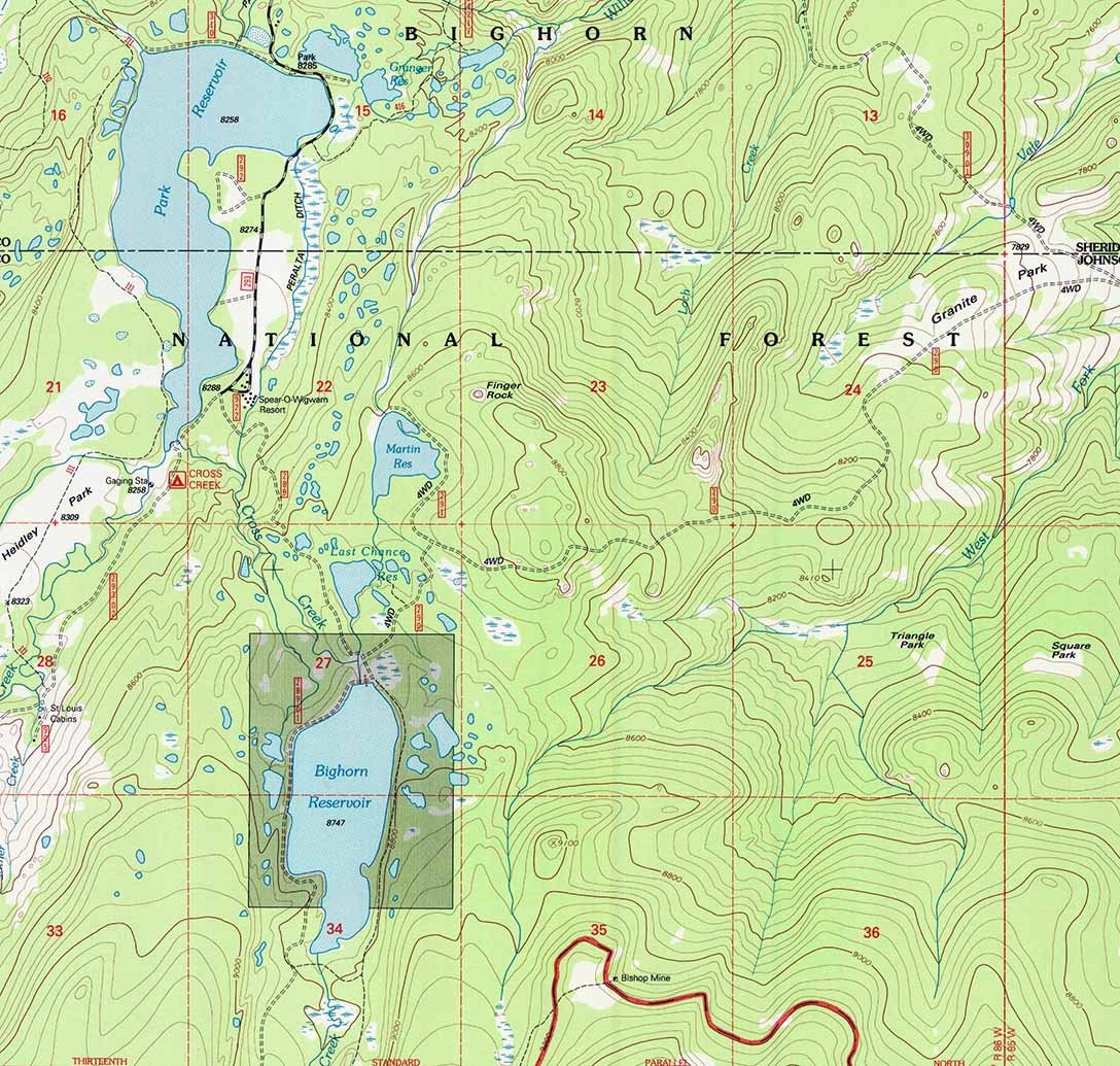 1993 Topo Map of Park Reservoir Wyoming WY Cloud Peak Bighorn Forest