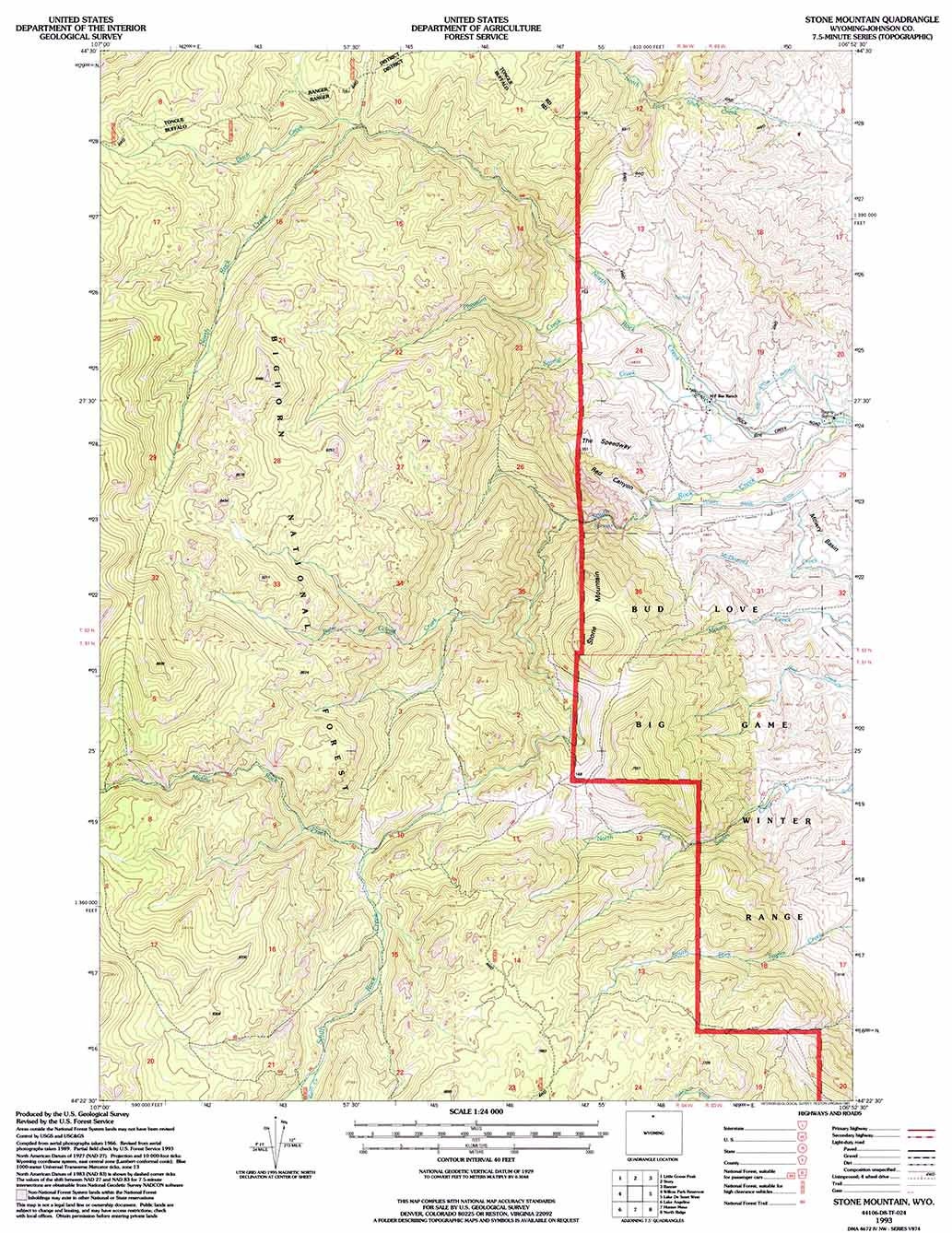 1993 Topo Map of Stone Mountain Wyoming WY Bighorn Forest