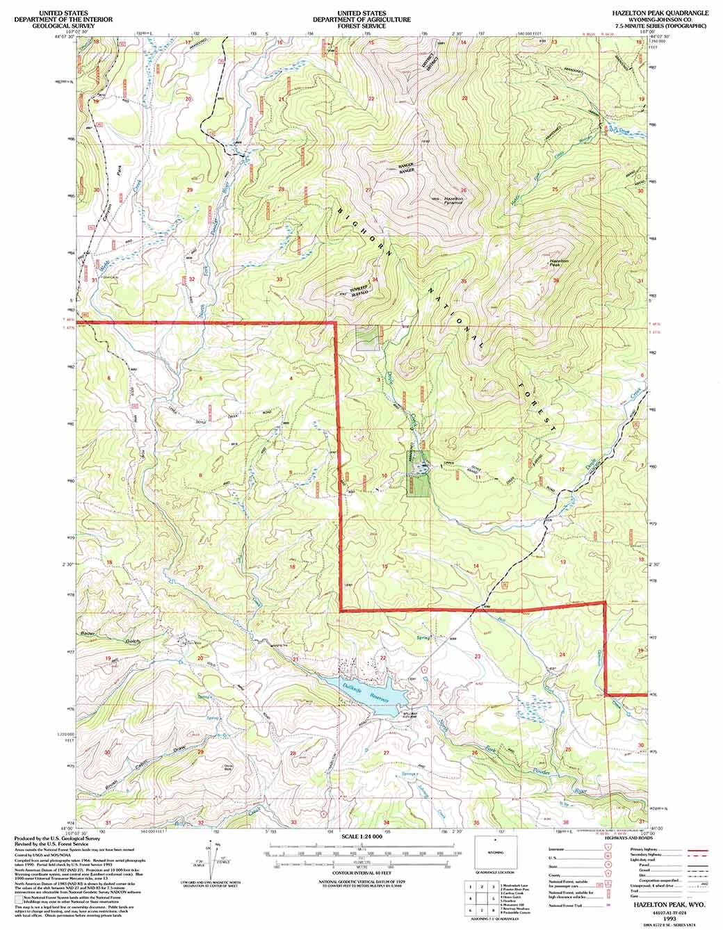 1993 Topo Map of Hazelton Peak Wyoming WY Bighorn Forest