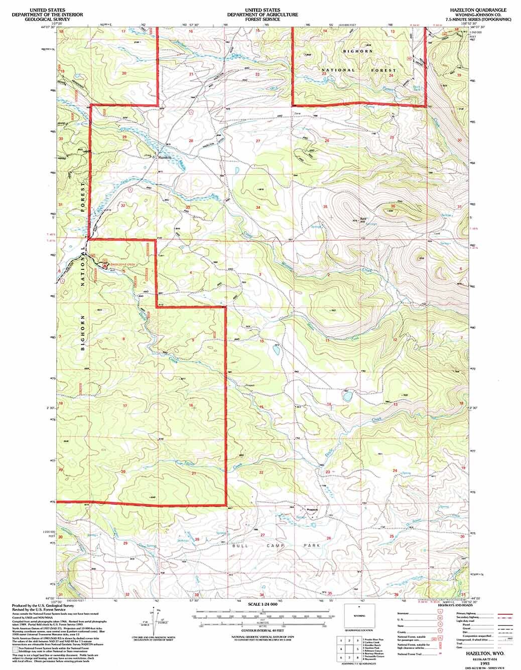 1993 Topo Map of Hazelton Wyoming WY Bighorn Forest