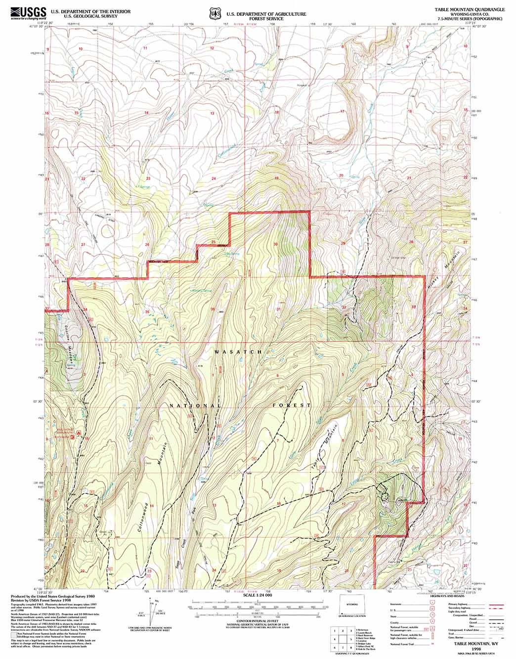 1998 Topo Map of Table Mountain Wyoming WY Wasatch Forest