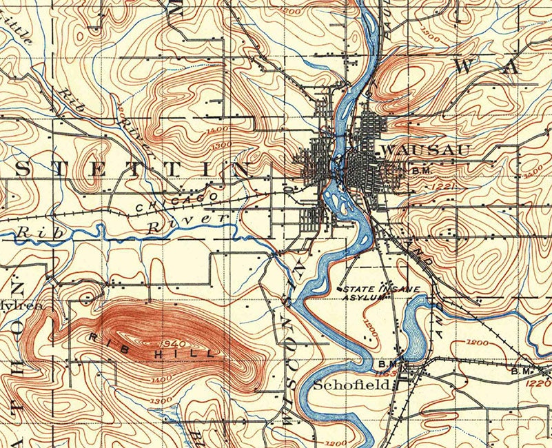 1899 Topo Map of Wausau Quadrangle Wisconsin