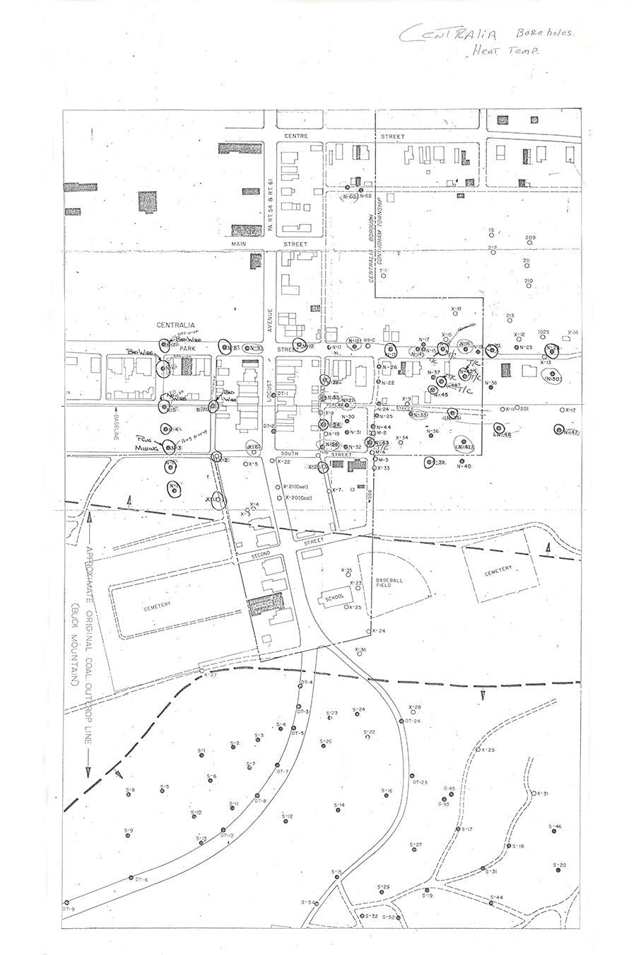 1960s Map of Centralia PA Coal Mine Fire Bore Holes