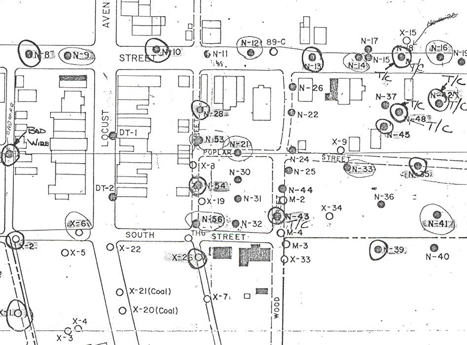 1960s Map of Centralia PA Coal Mine Fire Bore Holes