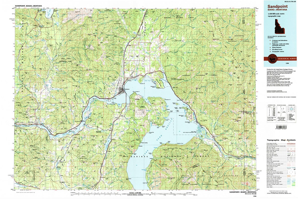 1984 Topo Map of Sandpoint Idaho Montana Lake Pend Oreille