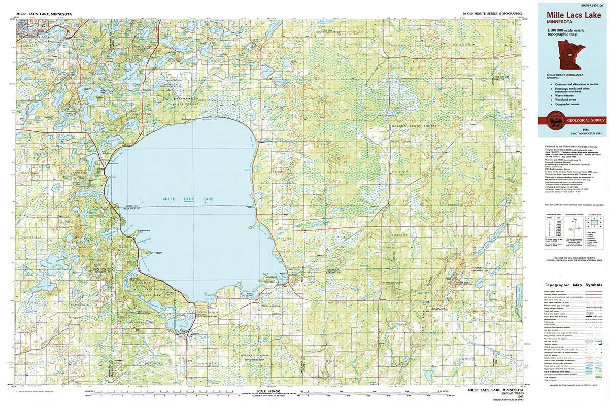 1985 Topo Map of Mille Lacs Lake Quad Minnesota