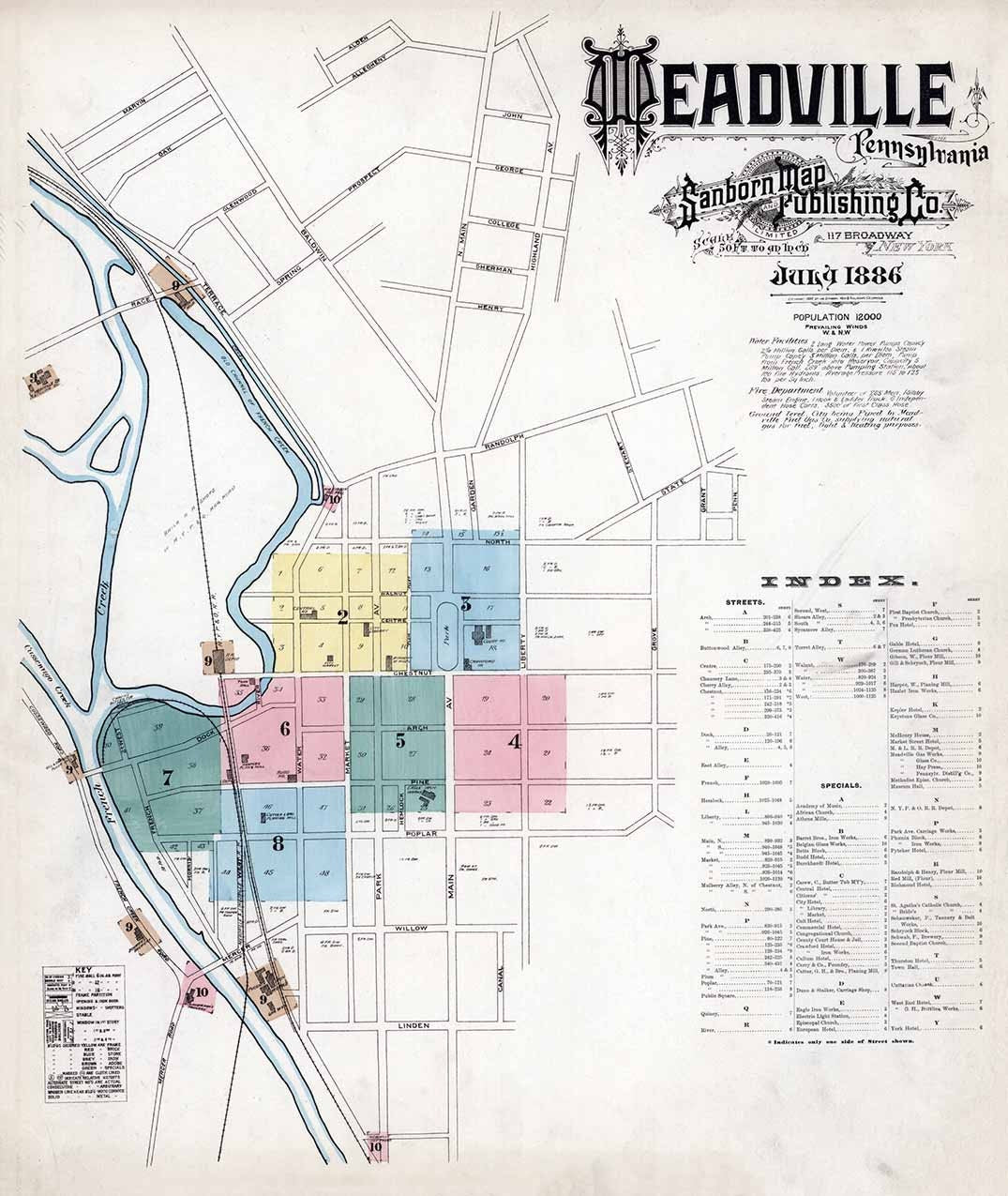 1886 Town Map of Meadville Crawford County Pennsylvania
