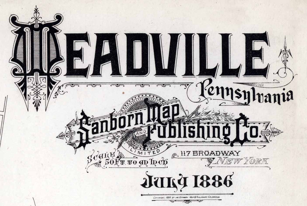 1886 Town Map of Meadville Crawford County Pennsylvania