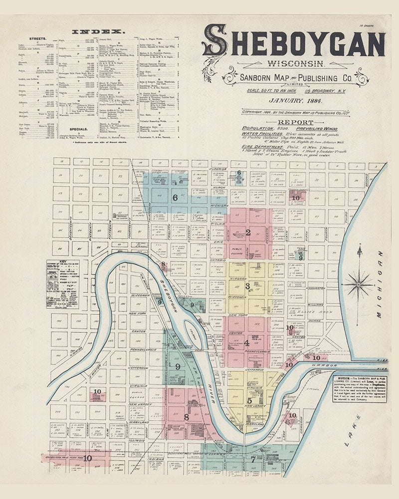 1884 Town Map of Sheboygan Wisconsin Lake Michigan