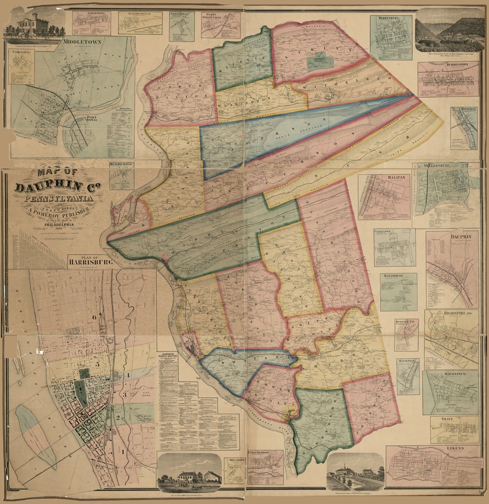 1862 Map of Dauphin County Pa from actual surveys Harrisburg